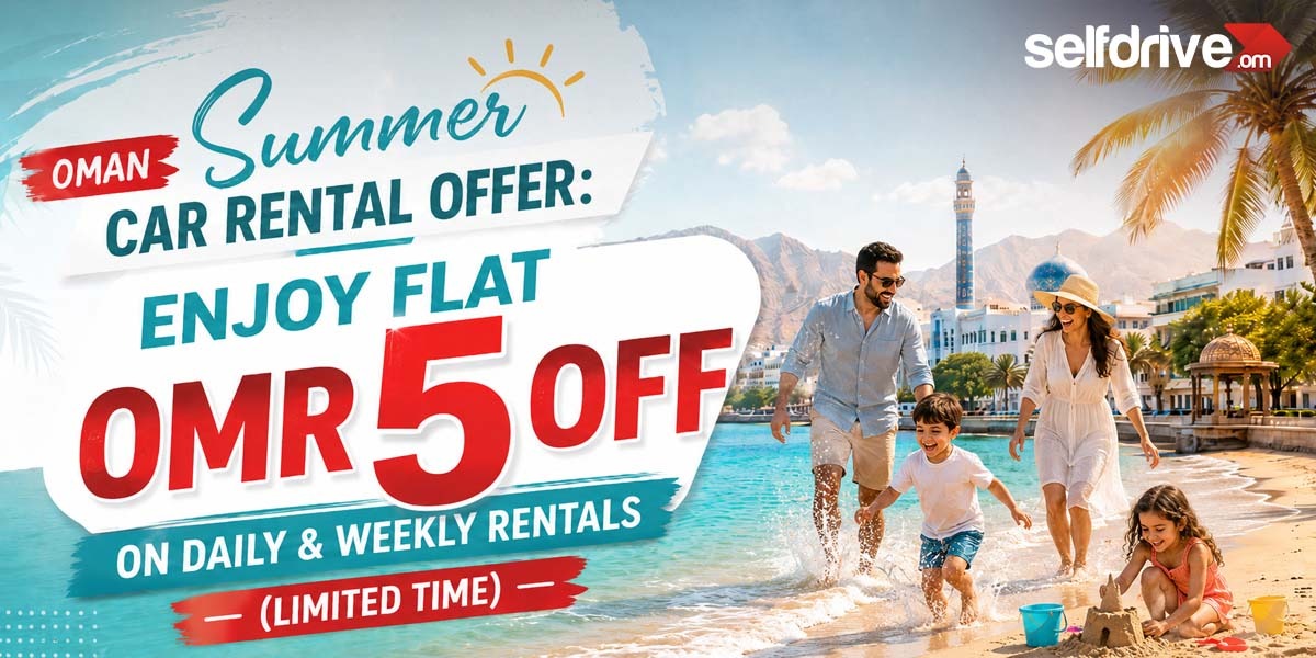 Oman summer car rental offer ad with "Enjoy flat OMR 5 off" text. Family joyfully walks on a beach with palm trees; offers a tropical, carefree vibe.